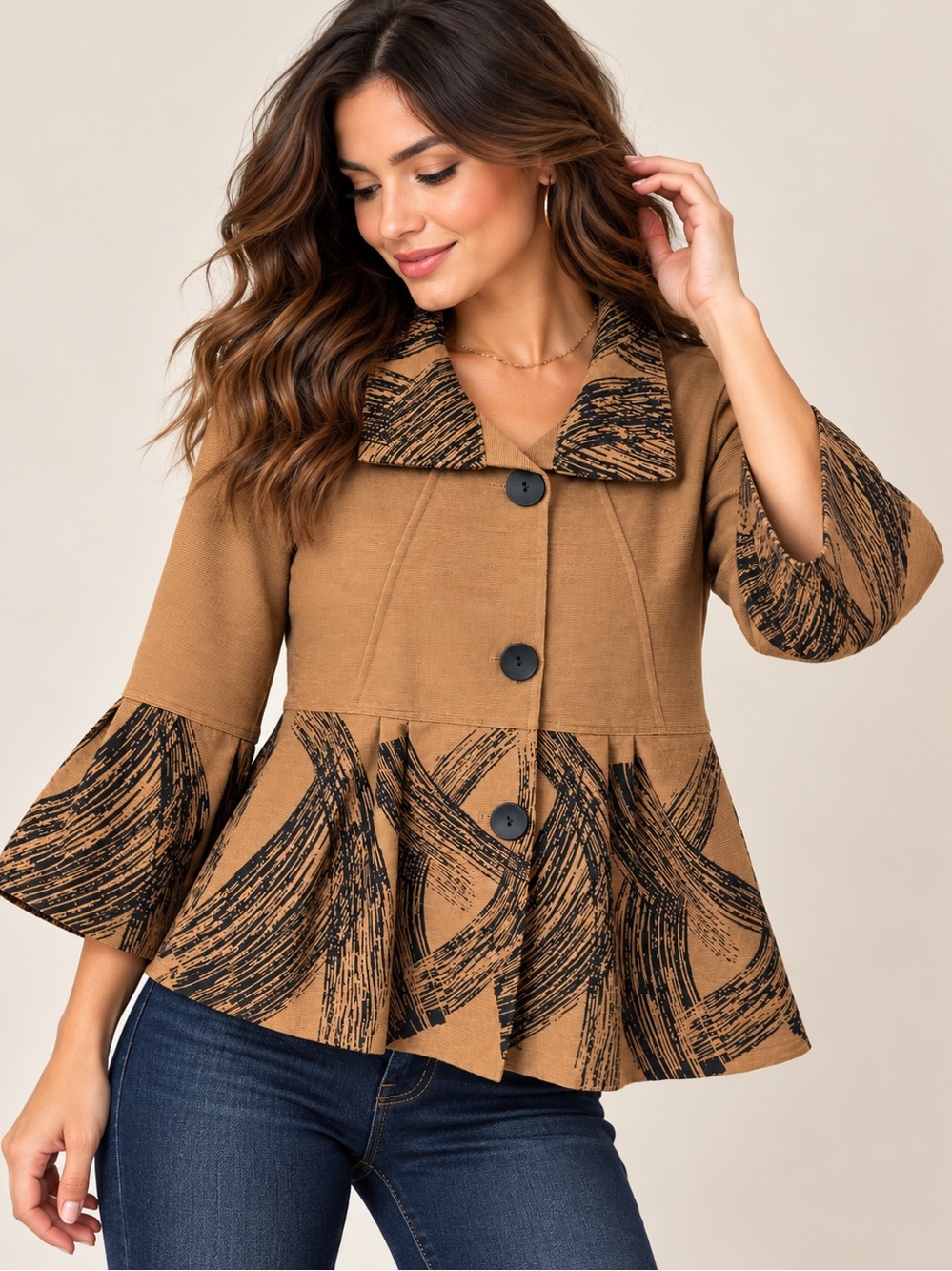 Damee Statement Jacket Medium Tan Black Abstract Print Peplum